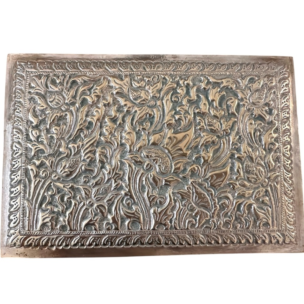 Vintage Ornate Jewelry Box: Repoussé Floral Design, Red Lined